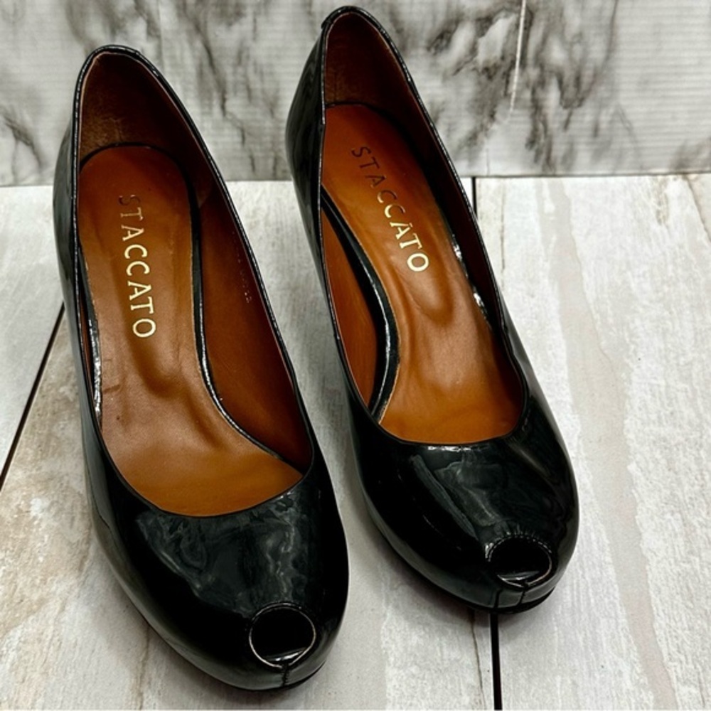 Staccato Patent Leather Glossy Black Peep Toe Heel Shoes Sexy Office Siren Chic